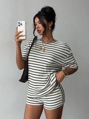 Ladies Short Sleeve Shirts Tops Shorts Set 2PCS Summer Casual Striped Tracksuits
