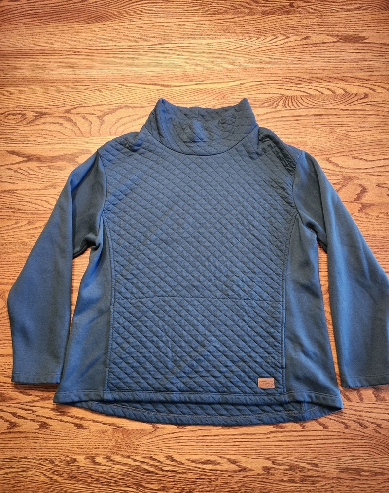LL Bean Sweatshirt Womens Large Petite Teal Blue Quilted Pullover Funnel Neck