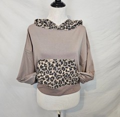 Women’s Taupe Leopard Animal Print Hooded Pullover Hoodie Kangaroo Pocket SMALL