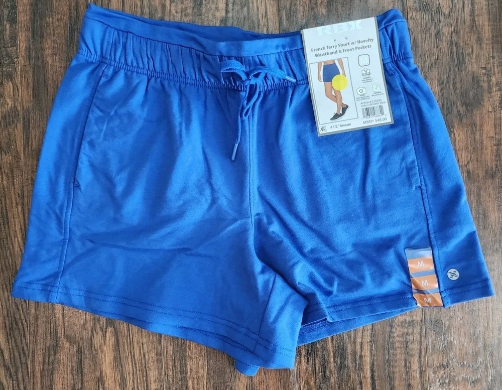 RBX French Terry Shorts Womens Novelty Waistband Pockets, Athletic Blue, M, NEW!
