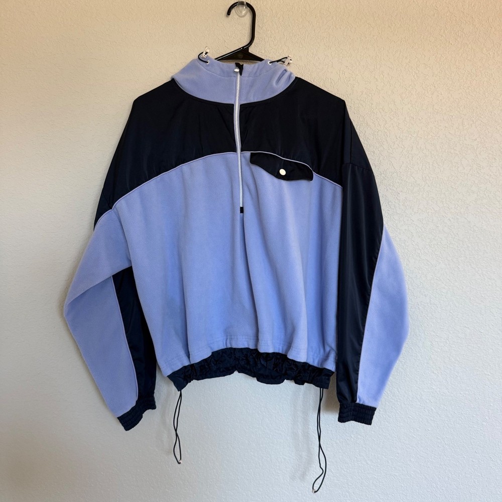 Athleta Womens Fleece Half Zip Hoodie Periwinkle Blue Colorblock Pullover Large