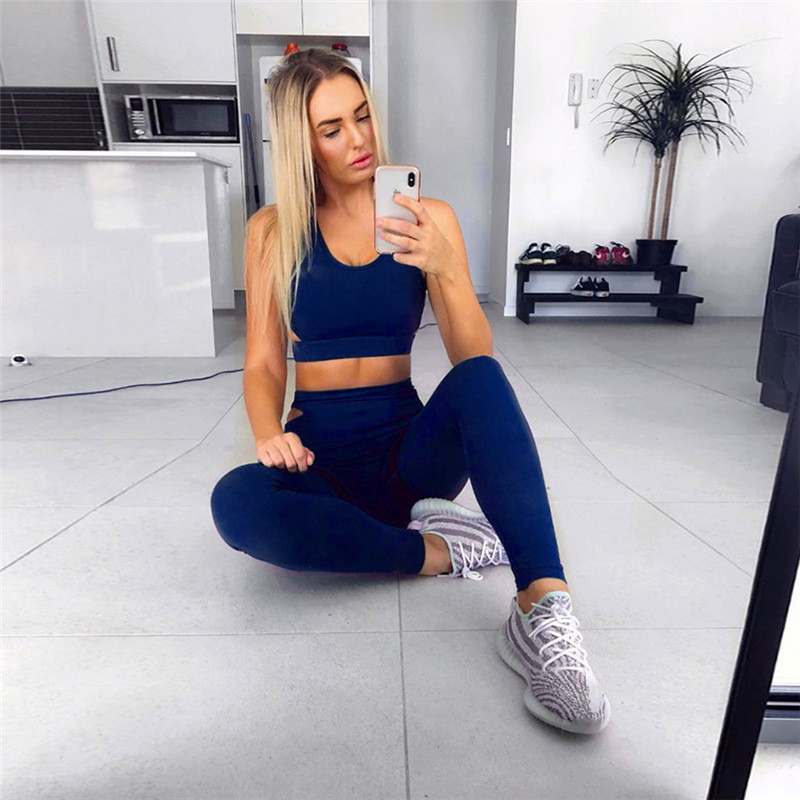Women Yoga Set Crop Top w/ High Waist Legging Stretchy Non See Though