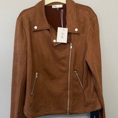Rielle Stylish Brown Suede-Like Moto Jacket Women’s L Boho Chic Earth Tones