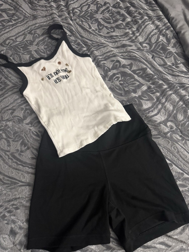 Yogalicious Lux/F21 2pc Ribbed Tank Top & Black Shorts Set White/Black M