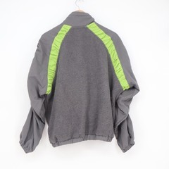 Fashion Gray Neon Green Ruched Sleeve Fleece Zip Up Jacket Medium