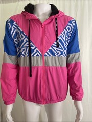 Pink Victoria Secret Bright Pink Blue Gray Full Zip Sherpa Hooded Jacket Sz M/L