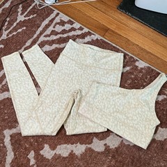 Fabletics 2 Piece Beige Cream Leopard Print Leggings & 1 Shoulder Sports Bra