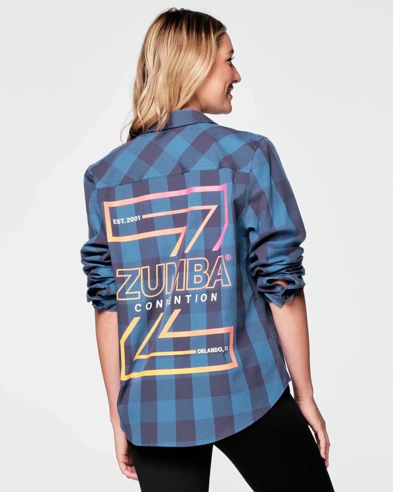 Zumba Convention Button Down Shirt ~ Blue ~ ZINCON ~ XS S M L XL XXL ~ Free Ship
