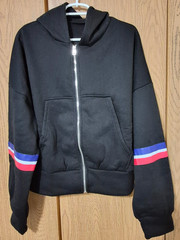 Women’s Black Long Sleeve Zip Fleece Hoodie Pockets Red White Blue Stripes Sz XL