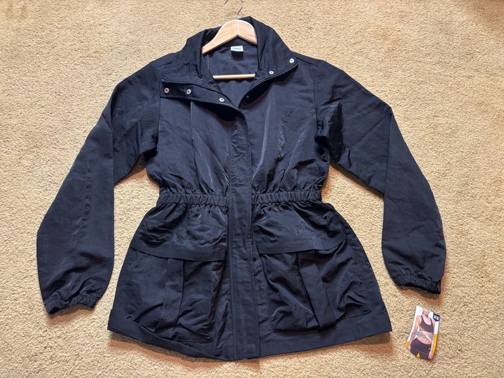 NWT Avia Collared Zip Black Cinch Waist Nylon Windbreaker Athletic Jacket XS 0/2