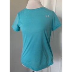 Under Armour Heat Gear Small Fitted Striped Teal Short Sleeve Shirt Cut Out