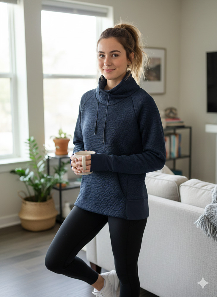 Athleta Jacquard Elevation Sweatshirt Womens XS Blue Funnel Neck Workout Cozy