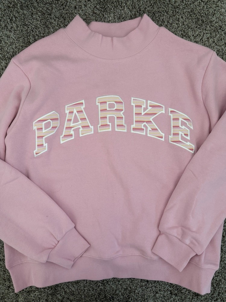 PARKE Varsity Mockneck Sweetpea Pink Stripe Sweatshirt Heritage Size L/XL NEW
