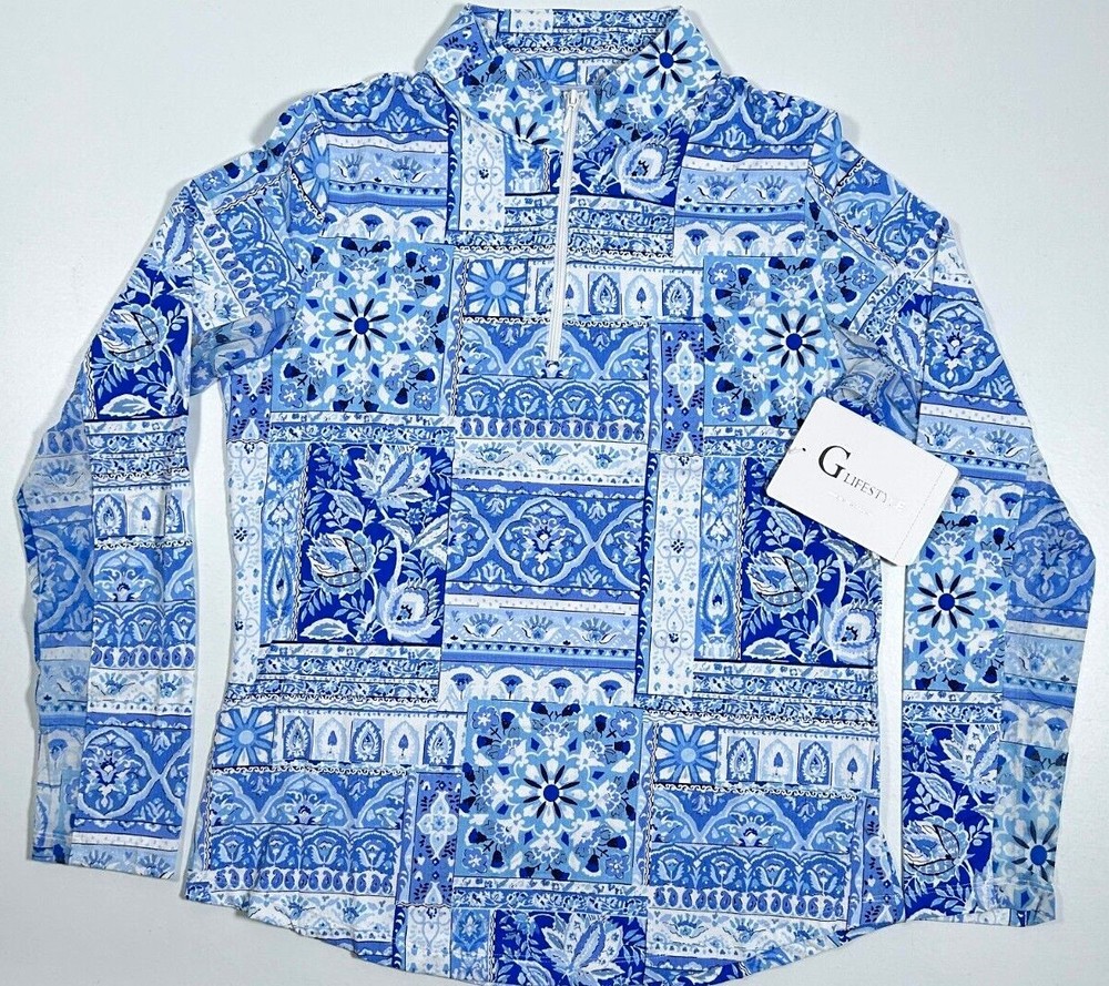 Gottex LifeStyle UPF 1/4 Zip Long sleeve Pullover Geo Printed S M L XL Blue B1