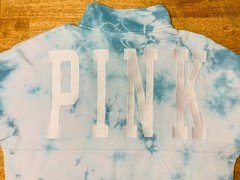 Victoria Secret PINK Blue White Tie-Dye Zip Up Embroidered Lettering Sweatshirt