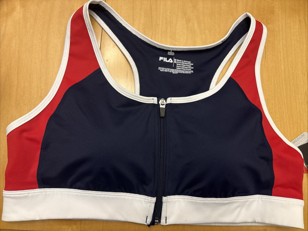 Fila Sport Medium Impact Zip Front Wireless Sport Bra Navy-red-white NWT