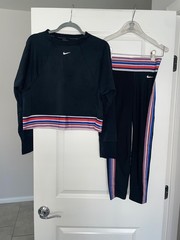NIKE PRO Women Black, Red Blue White Stripe 2 Piece Top Pant Set Size XS $150