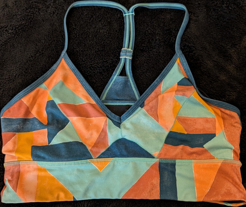 prAna Geometric Racerback Wireless Sports Bra Blue Orange Green Black Size L