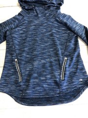 GapFit Hoodie Sweatshirt Womens Medium Blue Striped Fleece Pullover Zip Pockets