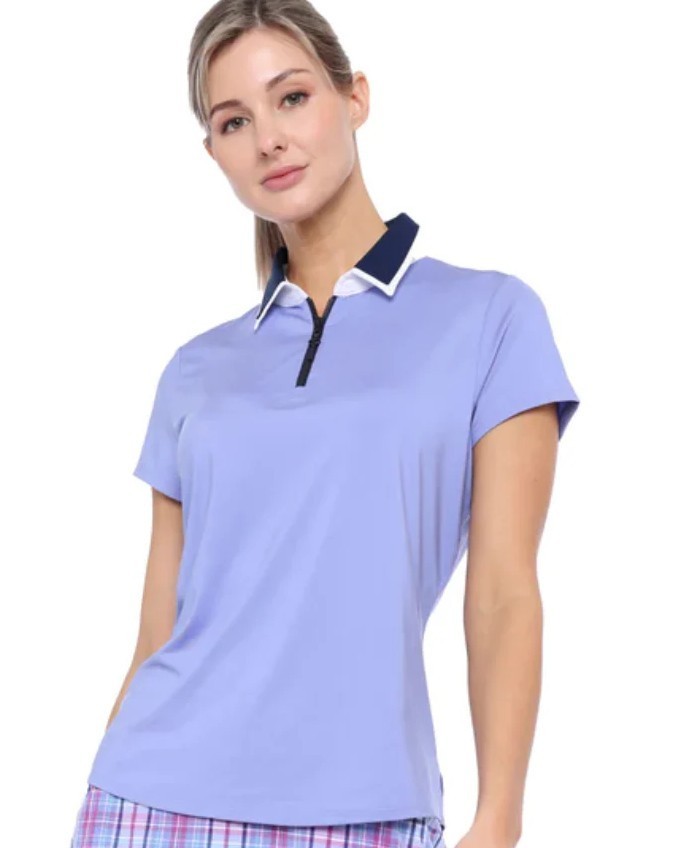 NWT BELYN KEY Hydrangea Periwinkle & Navy Birdie Cap Sleeve Golf Shirt XS S M L