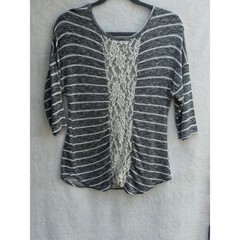 Gray Striped Lace-Panel Pullover. WS 88