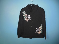 Ladies Hannah Black Sweatshirt Large Embroidered Flowers T97
