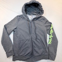 Adidas Essentials Full Zip Hoodie Gray Neon Green Logo Sweatshirt Womens Sporty