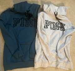 PINK Victoria’s Secret Pullover Hoodie Gray Blue Fleece Logo Women’s XS
