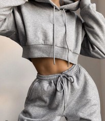 Fleece Tracksuit Sweatsuit Cropped Hoodie Hooded Sports Suit – Tops + Pants Set