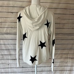 Rachel Zoe White Cashmere Long Sleeve Hoodie with Black Graphic Stars