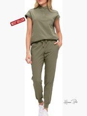 Scrub Set with Mandarin Collar Top and Jogger Pants, 7 Pockets, Relaxed Fit