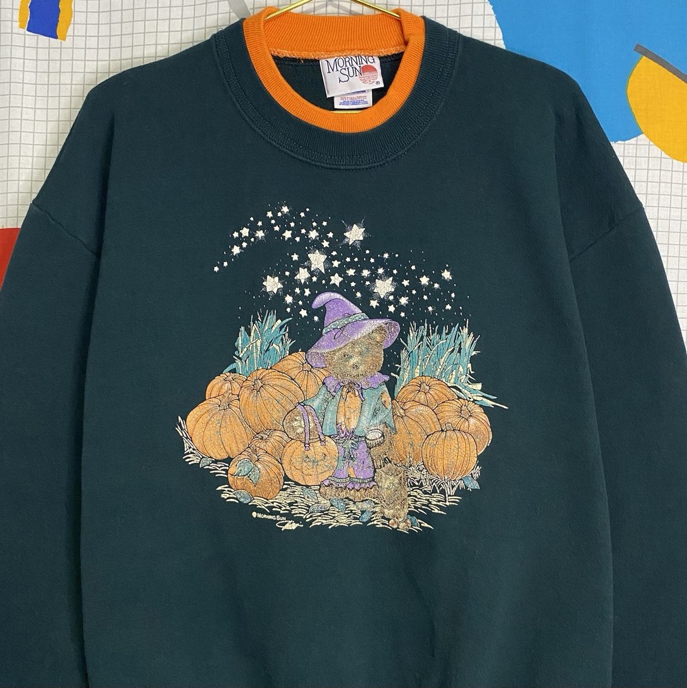 Vintage 90s Halloween Bear Witch Sweatshirt XL Magic Stars Pumpkins Grandma Usa