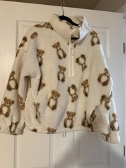 No Boundaries Women’s White Sherpa 1/4 Zip Mock Neck Bear Print Sweatshirt XL
