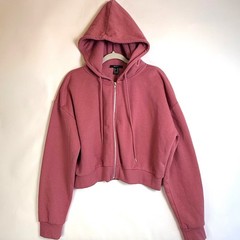 Forever 21 Womens XL Dusty Rose Pink Cropped Zip Up Hoodie Fleece Lined Relaxed