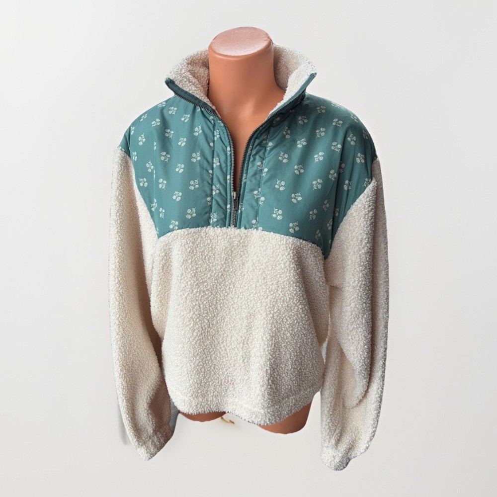 Universal Thread Sherpa Quarter Zip Pullover Sweatshirt Floral Green Cream S