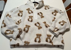No Boundaries Women’s White Sherpa 1/4 Zip Mock Neck Bear Print Sweatshirt XL