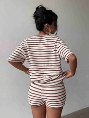 Ladies Short Sleeve Shirts Tops Shorts Set 2PCS Summer Casual Striped Tracksuits