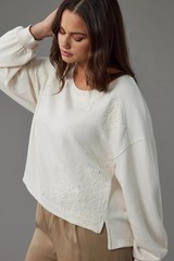 By Anthropologie Crochet Appliqué Pullover Size XL Cream Oversized Shabby Boho