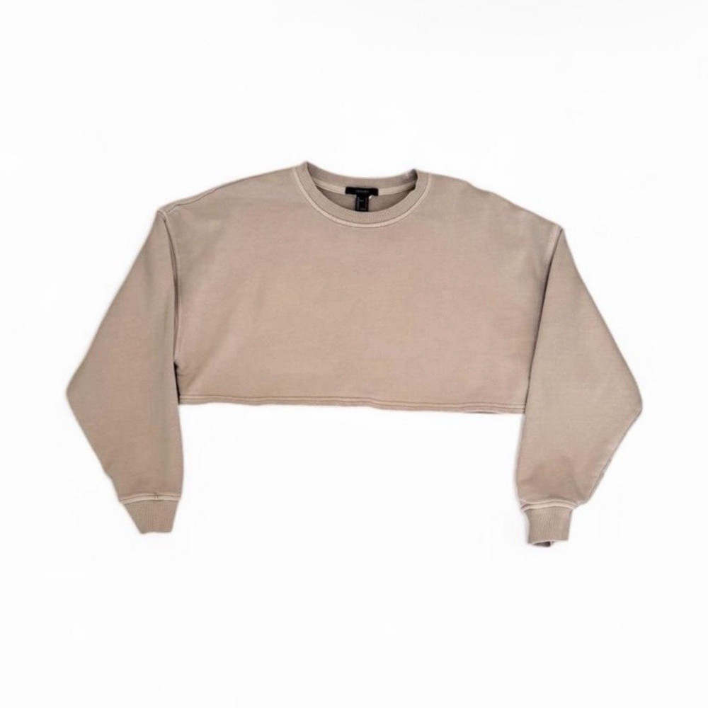 Forever 21 Womens Cropped Crewneck Pullover Sweatshirt S Beige Solid Long Sleeve