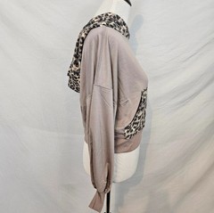 Women’s Taupe Leopard Animal Print Hooded Pullover Hoodie Kangaroo Pocket SMALL