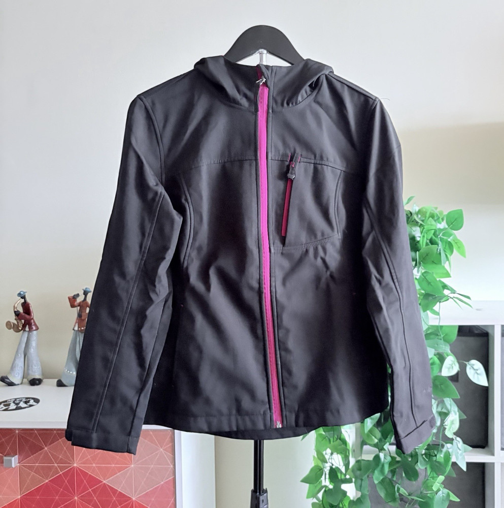 FREE TECH Women Hooded Softshell Windbreaker Jacket Black/Pink Zip M (8-10)