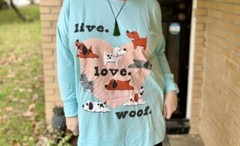 Small LuLaRoe HANNAH Sweatshirt Aqua Live Love Woof Dogs Fits 6/8 RARE