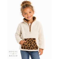 Le Moda Girls Cream Sherpa Leopard Print Fleece Quarter Zip Pullover 3T