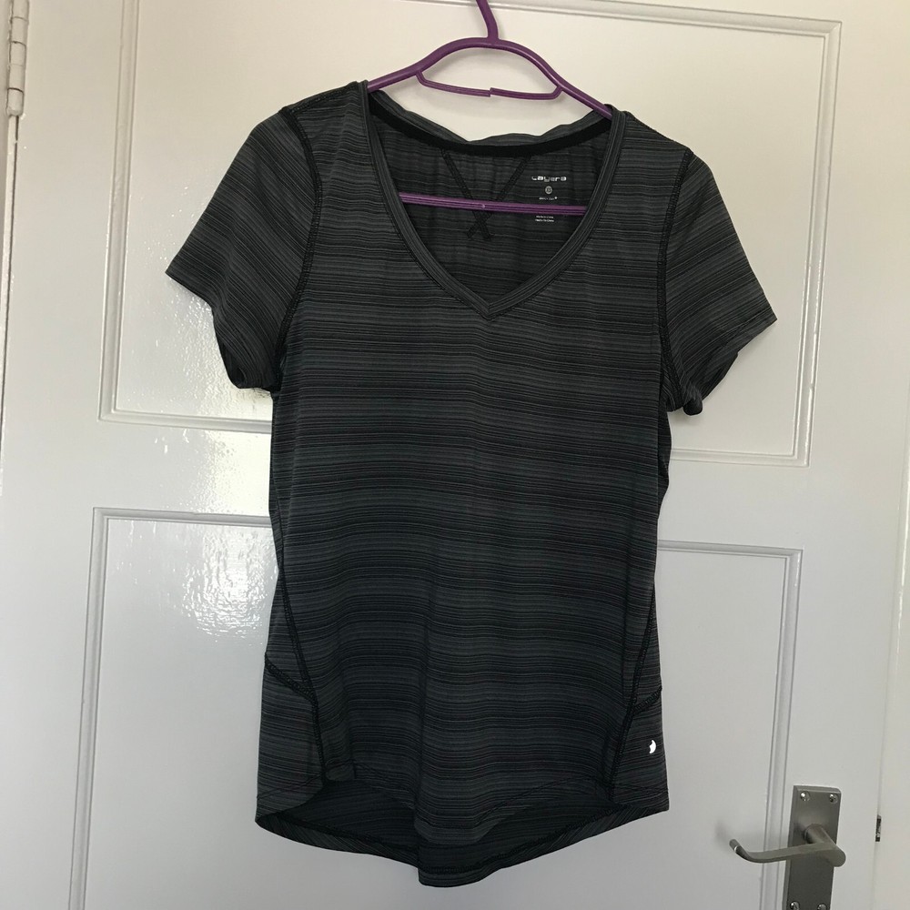 Layer 8 Grey Gym Top UK 8 XS Short Sleeve Quick Dry Stripe V Neck