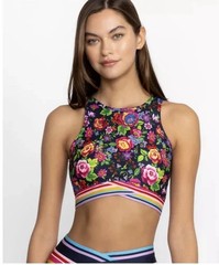 NWT $118 Johnny Was Cantero Cross-Hem High-Neck Sports Bra M Stretchy Bee Active