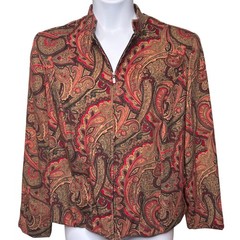 JM COLLECTION Red Paisley Zip Front Jacket Sz 16 Boho-Chic Career Autumn Stretch