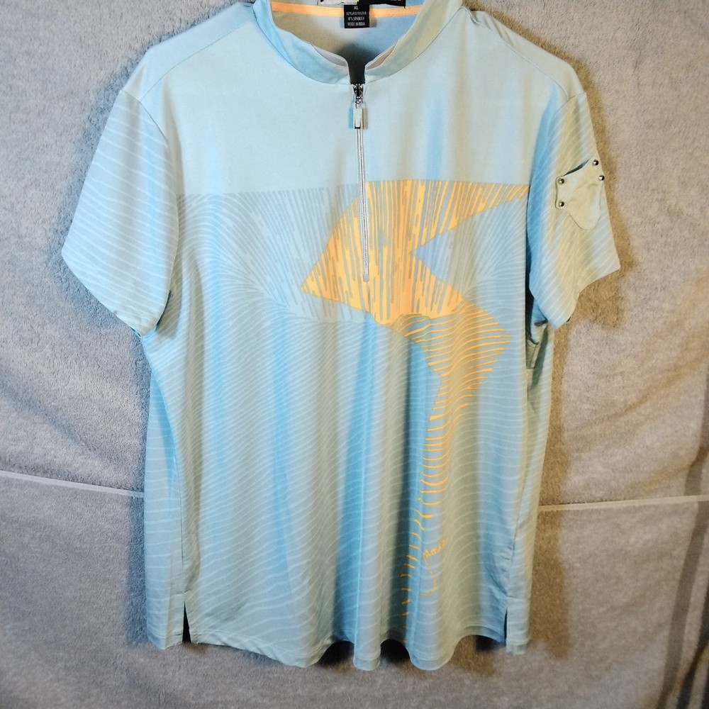 Jamie Sadock Polo Shirt Womans Size XL Blue Sky Orange Abstract Short Sleeve Zip