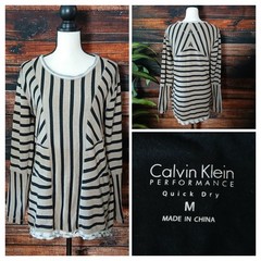 Calvin Klein Performance Top M Cotton Pullover Sweatshirt Contrast Stripe Tan