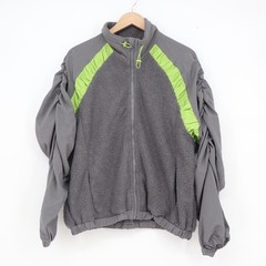 Fashion Gray Neon Green Ruched Sleeve Fleece Zip Up Jacket Medium