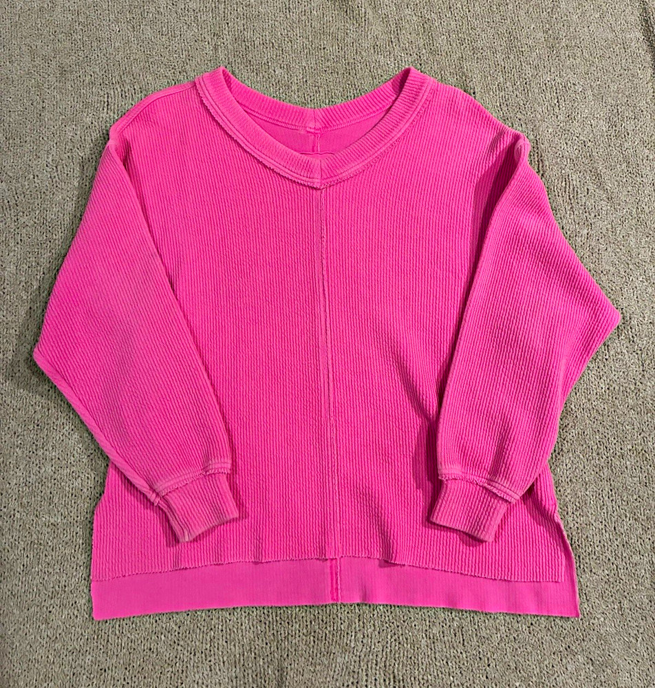 Aerie Pink Ribbed Knit V-Neck Long Sleeve Pullover Sweatshirt Size S/P